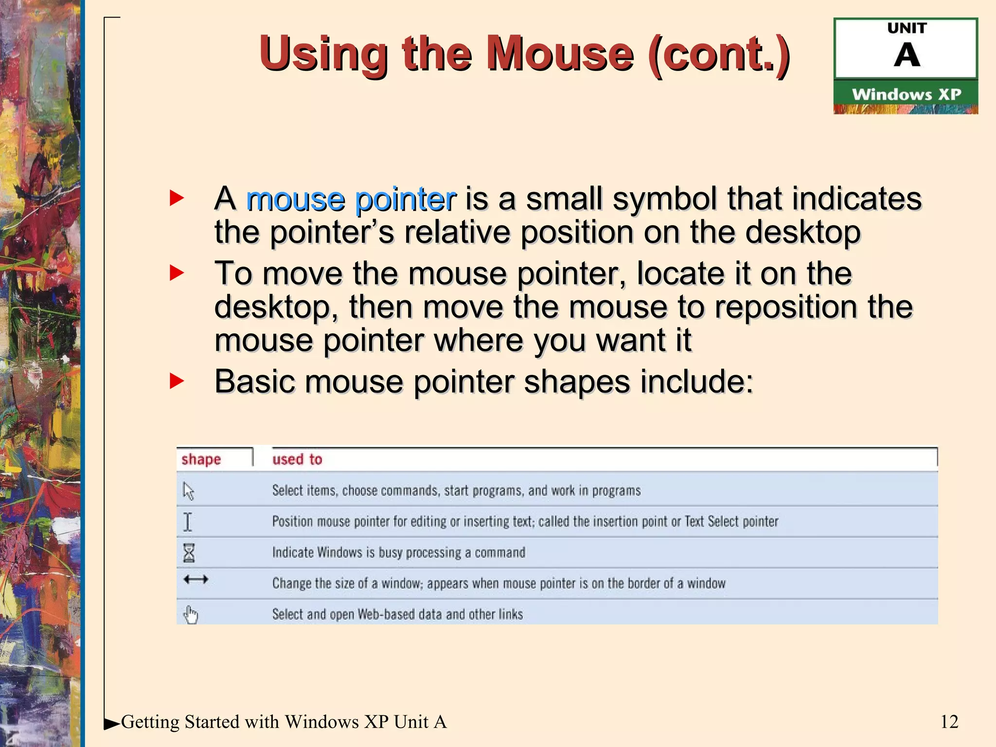 Using the Mouse (cont.) A  mouse pointer  is a small symbol that indicates the pointer’s relative position on the desktop To move the mouse pointer, locate it on the desktop, then move the mouse to reposition the mouse pointer where you want it Basic mouse pointer shapes include: 