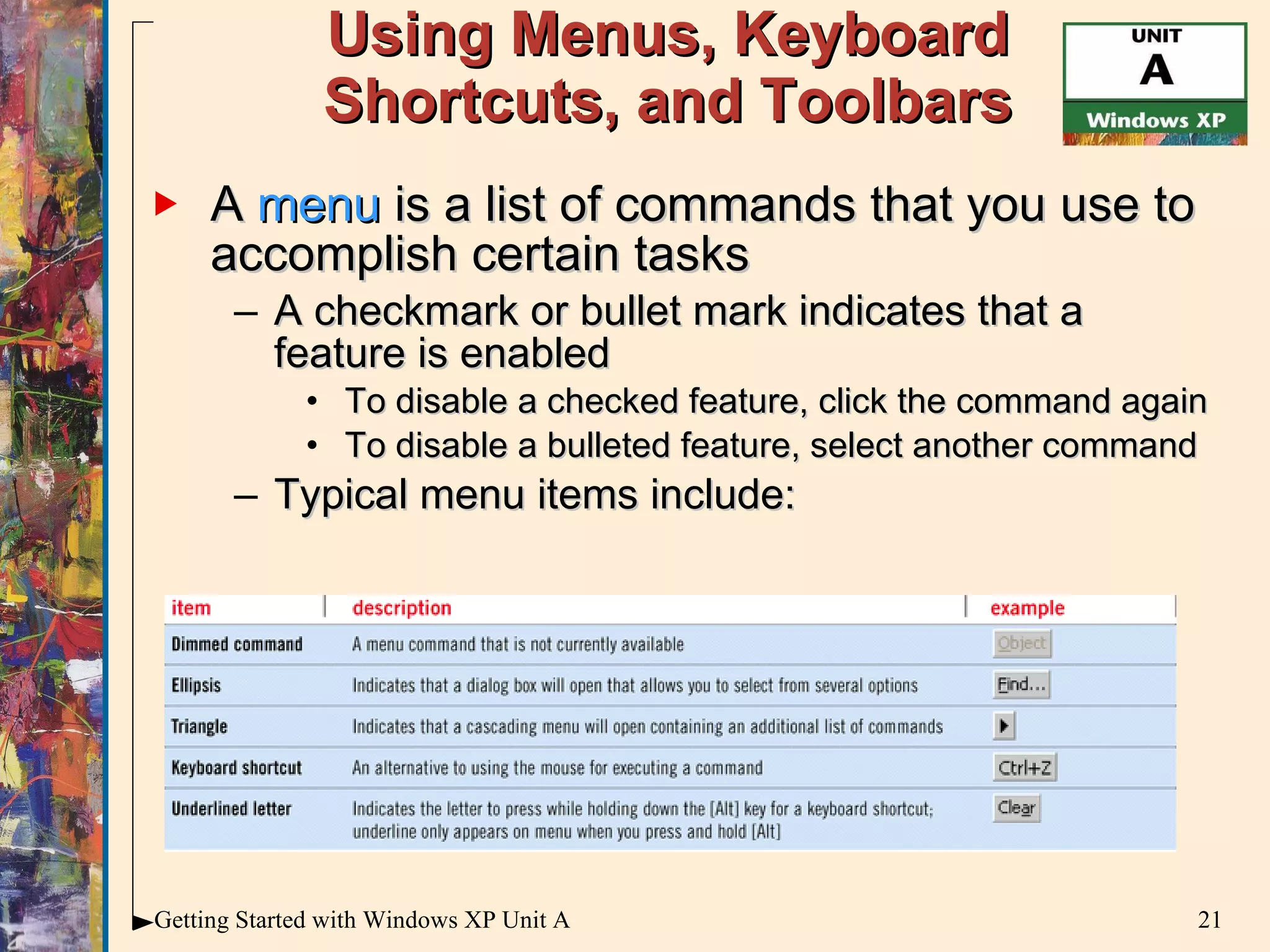Using Menus, Keyboard Shortcuts, and Toolbars A  menu  is a list of commands that you use to accomplish certain tasks A checkmark or bullet mark indicates that a feature is enabled To disable a checked feature, click the command again To disable a bulleted feature, select another command Typical menu items include: 