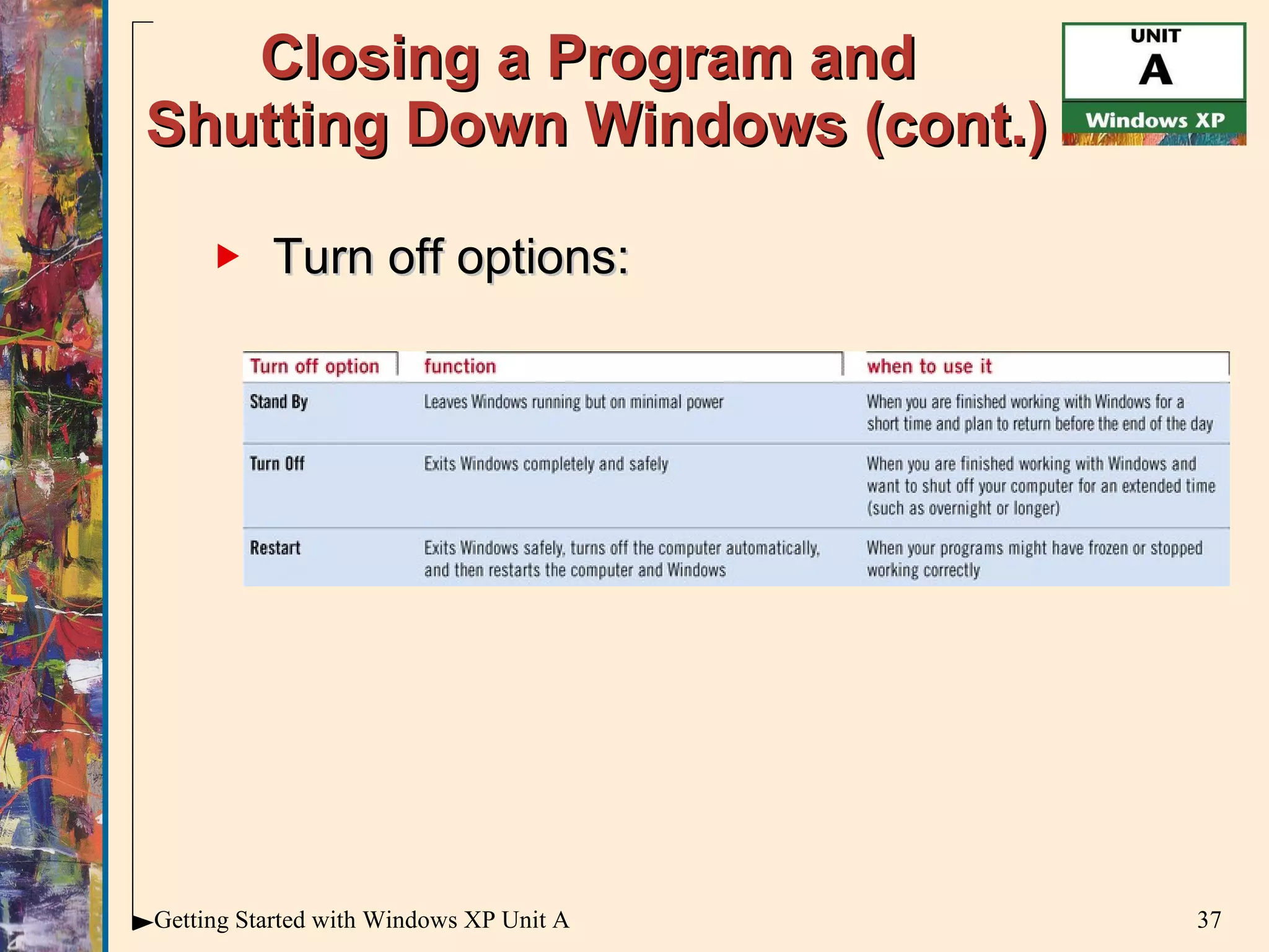 Closing a Program and  Shutting Down Windows (cont.) Turn off options: 