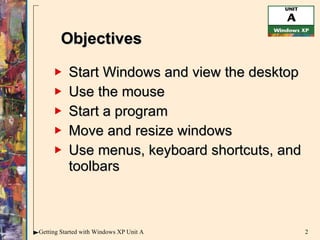 Start Windows and view the desktop Use the mouse Start a program Move and resize windows Use menus, keyboard shortcuts, and toolbars Objectives 