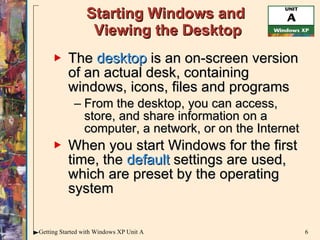 Starting Windows and  Viewing the Desktop The  desktop  is an on-screen version of an actual desk, containing windows, icons, files and programs From the desktop, you can access, store, and share information on a computer, a network, or on the Internet When you start Windows for the first time, the  default  settings are used, which are preset by the operating system 