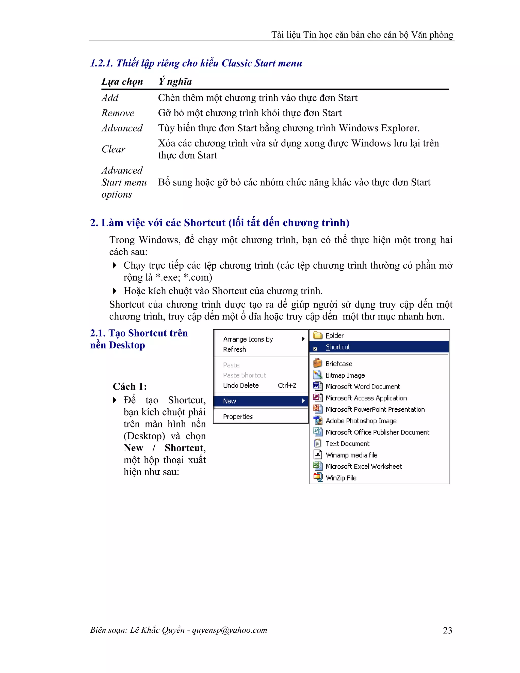 Tài liệu Tin học căn bản cho cán bộ Văn phòng
Biên soạn: Lê Khắc Quyền - quyensp@yahoo.com 23
1.2.1. Thiết lập riêng cho kiểu Classic Start menu
Lựa chọn Ý nghĩa
Add Chèn thêm một chương trình vào thực đơn Start
Remove Gỡ bỏ một chương trình khỏi thực đơn Start
Advanced Tùy biến thực đơn Start bằng chương trình Windows Explorer.
Clear
Xóa các chương trình vừa sử dụng xong được Windows lưu lại trên
thực đơn Start
Advanced
Start menu
options
Bổ sung hoặc gỡ bỏ các nhóm chức năng khác vào thực đơn Start
2. Làm việc với các Shortcut (lối tắt đến chương trình)
Trong Windows, để chạy một chương trình, bạn có thể thực hiện một trong hai
cách sau:
Chạy trực tiếp các tệp chương trình (các tệp chương trình thường có phần mở
rộng là *.exe; *.com)
Hoặc kích chuột vào Shortcut của chương trình.
Shortcut của chương trình được tạo ra để giúp người sử dụng truy cập đến một
chương trình, truy cập đến một ổ đĩa hoặc truy cập đến một thư mục nhanh hơn.
2.1. Tạo Shortcut trên
nền Desktop
Cách 1:
Để tạo Shortcut,
bạn kích chuột phải
trên màn hình nền
(Desktop) và chọn
New / Shortcut,
một hộp thoại xuất
hiện như sau:
 