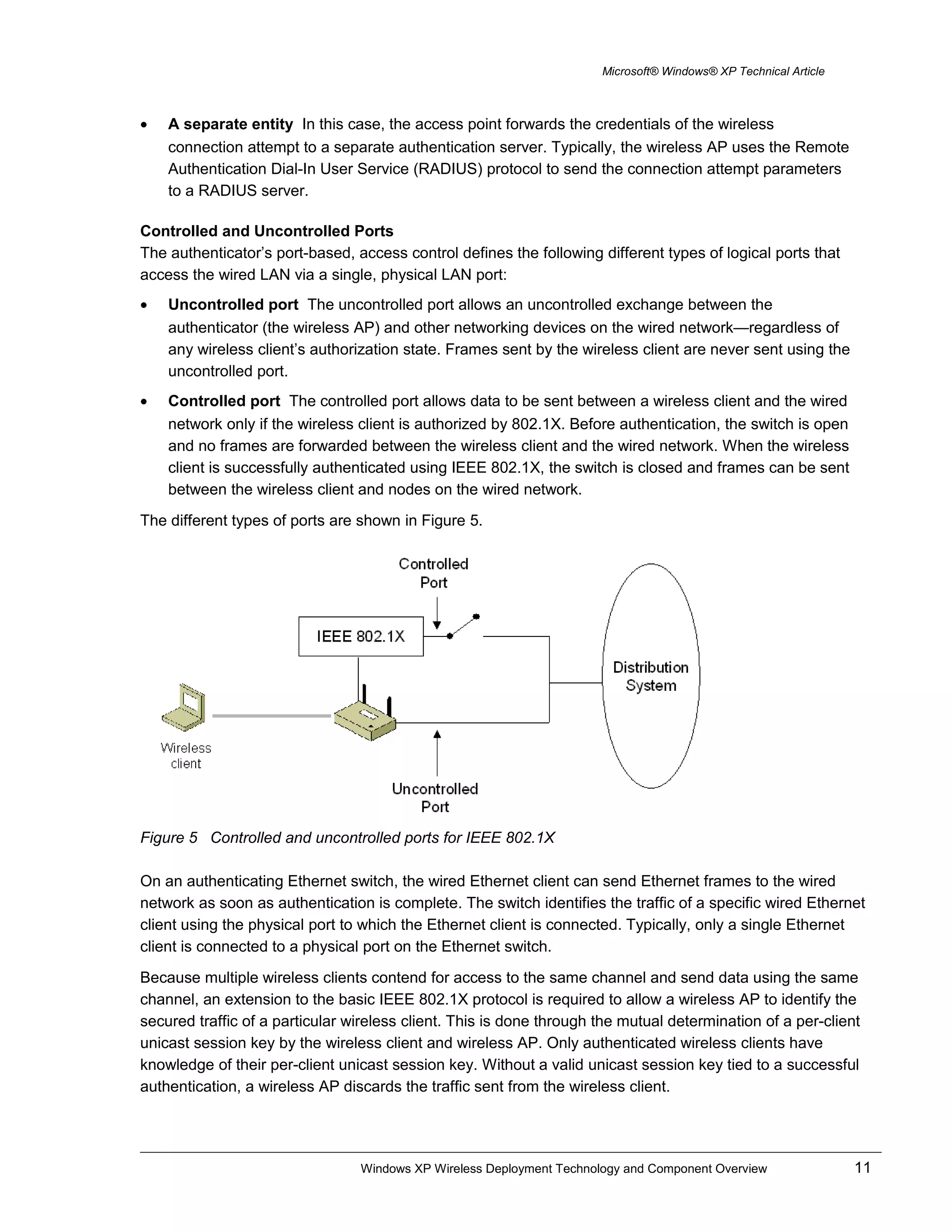 Microsoft® Windows® XP Technical Article
• A separate entity In this case, the access point forwards the credentials of the wireless
connection attempt to a separate authentication server. Typically, the wireless AP uses the Remote
Authentication Dial-In User Service (RADIUS) protocol to send the connection attempt parameters
to a RADIUS server.
Controlled and Uncontrolled Ports
The authenticator’s port-based, access control defines the following different types of logical ports that
access the wired LAN via a single, physical LAN port:
• Uncontrolled port The uncontrolled port allows an uncontrolled exchange between the
authenticator (the wireless AP) and other networking devices on the wired network—regardless of
any wireless client’s authorization state. Frames sent by the wireless client are never sent using the
uncontrolled port.
• Controlled port The controlled port allows data to be sent between a wireless client and the wired
network only if the wireless client is authorized by 802.1X. Before authentication, the switch is open
and no frames are forwarded between the wireless client and the wired network. When the wireless
client is successfully authenticated using IEEE 802.1X, the switch is closed and frames can be sent
between the wireless client and nodes on the wired network.
The different types of ports are shown in Figure 5.
Figure 5 Controlled and uncontrolled ports for IEEE 802.1X
On an authenticating Ethernet switch, the wired Ethernet client can send Ethernet frames to the wired
network as soon as authentication is complete. The switch identifies the traffic of a specific wired Ethernet
client using the physical port to which the Ethernet client is connected. Typically, only a single Ethernet
client is connected to a physical port on the Ethernet switch.
Because multiple wireless clients contend for access to the same channel and send data using the same
channel, an extension to the basic IEEE 802.1X protocol is required to allow a wireless AP to identify the
secured traffic of a particular wireless client. This is done through the mutual determination of a per-client
unicast session key by the wireless client and wireless AP. Only authenticated wireless clients have
knowledge of their per-client unicast session key. Without a valid unicast session key tied to a successful
authentication, a wireless AP discards the traffic sent from the wireless client.
Windows XP Wireless Deployment Technology and Component Overview 11
 