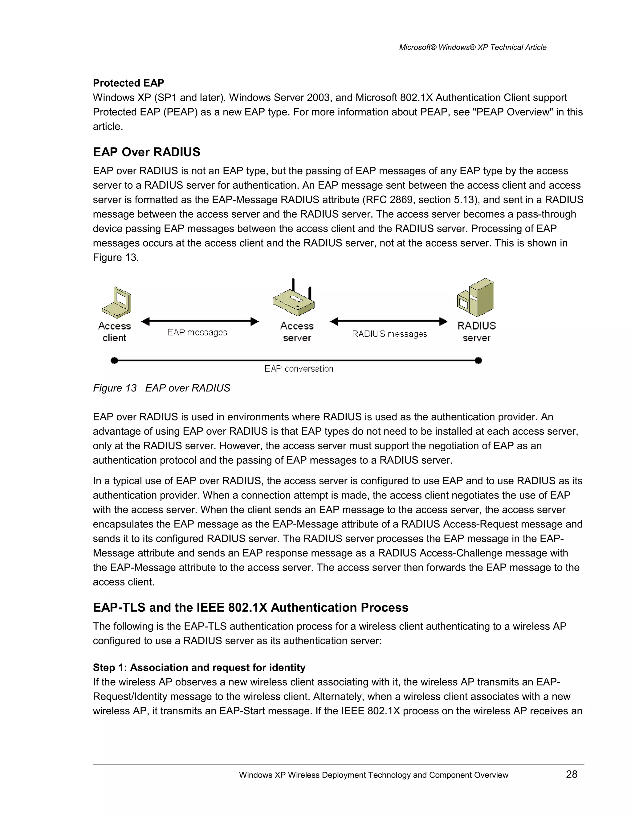 Microsoft® Windows® XP Technical Article
Protected EAP
Windows XP (SP1 and later), Windows Server 2003, and Microsoft 802.1X Authentication Client support
Protected EAP (PEAP) as a new EAP type. For more information about PEAP, see "PEAP Overview" in this
article.
EAP Over RADIUS
EAP over RADIUS is not an EAP type, but the passing of EAP messages of any EAP type by the access
server to a RADIUS server for authentication. An EAP message sent between the access client and access
server is formatted as the EAP-Message RADIUS attribute (RFC 2869, section 5.13), and sent in a RADIUS
message between the access server and the RADIUS server. The access server becomes a pass-through
device passing EAP messages between the access client and the RADIUS server. Processing of EAP
messages occurs at the access client and the RADIUS server, not at the access server. This is shown in
Figure 13.
Figure 13 EAP over RADIUS
EAP over RADIUS is used in environments where RADIUS is used as the authentication provider. An
advantage of using EAP over RADIUS is that EAP types do not need to be installed at each access server,
only at the RADIUS server. However, the access server must support the negotiation of EAP as an
authentication protocol and the passing of EAP messages to a RADIUS server.
In a typical use of EAP over RADIUS, the access server is configured to use EAP and to use RADIUS as its
authentication provider. When a connection attempt is made, the access client negotiates the use of EAP
with the access server. When the client sends an EAP message to the access server, the access server
encapsulates the EAP message as the EAP-Message attribute of a RADIUS Access-Request message and
sends it to its configured RADIUS server. The RADIUS server processes the EAP message in the EAP-
Message attribute and sends an EAP response message as a RADIUS Access-Challenge message with
the EAP-Message attribute to the access server. The access server then forwards the EAP message to the
access client.
EAP-TLS and the IEEE 802.1X Authentication Process
The following is the EAP-TLS authentication process for a wireless client authenticating to a wireless AP
configured to use a RADIUS server as its authentication server:
Step 1: Association and request for identity
If the wireless AP observes a new wireless client associating with it, the wireless AP transmits an EAP-
Request/Identity message to the wireless client. Alternately, when a wireless client associates with a new
wireless AP, it transmits an EAP-Start message. If the IEEE 802.1X process on the wireless AP receives an
Windows XP Wireless Deployment Technology and Component Overview 28
 