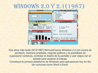 Windows 2.0 y 2.1(1987)
Dos años más tarde (9/12/1987) Microsoft lanza Windows 2.0 con iconos de
escritorio, memoria ampliada, mejores gráficos y la posibilidad de
superponer ventanas, controlar el diseño de la pantalla y usar atajos con el
teclado para acelerar el trabajo.
Constituyó la primera plataforma de Windows para aplicaciones hoy en día
tan comunes como Word o Excel.
 