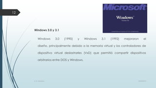 12

Windows 3.0 y 3.1
Windows

3.0

(1990)

y

Windows

3.1

(1992)

mejoraron

el

diseño, principalmente debido a la memoria virtual y los controladores de
dispositivo virtual deslastrarles (VxD) que permitió compartir dispositivos

arbitrarios entre DOS y Windows.

S. O. Windows

10/04/2013

 