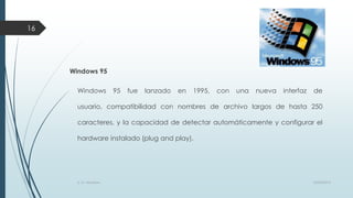 16

Windows 95
Windows

95

fue

lanzado

en

1995,

con

una

nueva

interfaz

de

usuario, compatibilidad con nombres de archivo largos de hasta 250
caracteres, y la capacidad de detectar automáticamente y configurar el
hardware instalado (plug and play).

S. O. Windows

10/04/2013

 