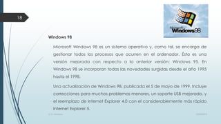 18

Windows 98
Microsoft Windows 98 es un sistema operativo y, como tal, se encarga de
gestionar todos los procesos que ocurren en el ordenador. Ésta es una
versión mejorada con respecto a la anterior versión: Windows 95. En
Windows 98 se incorporan todas las novedades surgidas desde el año 1995
hasta el 1998.

Una actualización de Windows 98, publicada el 5 de mayo de 1999. Incluye
correcciones para muchos problemas menores, un soporte USB mejorado, y
el reemplazo de Internet Explorer 4.0 con el considerablemente más rápido
Internet Explorer 5.
S. O. Windows

10/04/2013

 