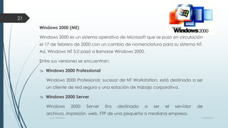 21
Windows 2000 (ME)
Windows 2000 es un sistema operativo de Microsoft que se puso en circulación
el 17 de febrero de 2000 con un cambio de nomenclatura para su sistema NT.
Así, Windows NT 5.0 pasó a llamarse Windows 2000.
Entre sus versiones se encuentran:

 Windows 2000 Professional
Windows 2000 Profesional, sucesor de NT Workstation, está destinado a ser
un cliente de red seguro y una estación de trabajo corporativa.

 Windows 2000 Server
Windows

2000

Server

Era

destinada

a

ser

el

servidor

de

archivos, impresión, web, FTP de una pequeña o mediana empresa.
S. O. Windows

10/04/2013

 