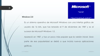 8

Windows 2.0
Es un sistema operativo de Microsoft Windows con una interfaz gráfica de
usuario de 16 bits, que fue lanzado el 9 de diciembre de 1987 y es el
sucesor de Microsoft Windows 1.0.
Apareció en 1987, y fue un poco más popular que la versión inicial. Gran

parte de esa popularidad se debió a que incluía nuevas aplicaciones
gráficas.
S. O. Windows

10/04/2013

 