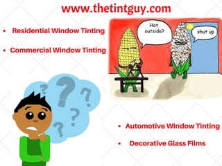 www.thetintguy.com
Residential Window Tinting
Commercial Window Tinting
Automotive Window Tinting
Decorative Glass Films
 