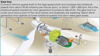 Gear box:
Connects the low-speed shaft to the high-speed shaft and increases the rotational
speeds from about 30-60 rotations per minute (rpm), to about 1,000-1,800 rpm; this is the
rotational speed required by most generators to produce electricity. The gear box is a
costly (and heavy) part of the wind turbine and engineers are exploring "direct-drive"
generators that operate at lower rotational speeds and don't need gear boxes.
 