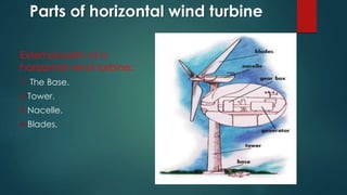 Parts of horizontal wind turbine
External parts of a
horizontal wind turbine:
1- The Base.
2-Tower.
3-Nacelle.
4-Blades.
 