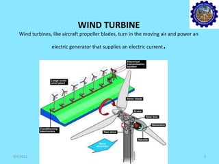 WIND TURBINE
Wind turbines, like aircraft propeller blades, turn in the moving air and power an
electric generator that supplies an electric current.
9/4/2011 5
 