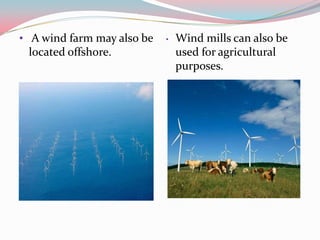 • A wind farm may also be   •   Wind mills can also be
 located offshore.              used for agricultural
             ...