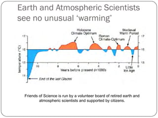 Earth and Atmospheric Scientists
see no unusual ‘warming’
Friends of Science is run by a volunteer board of retired earth and
atmospheric scientists and supported by citizens.
 