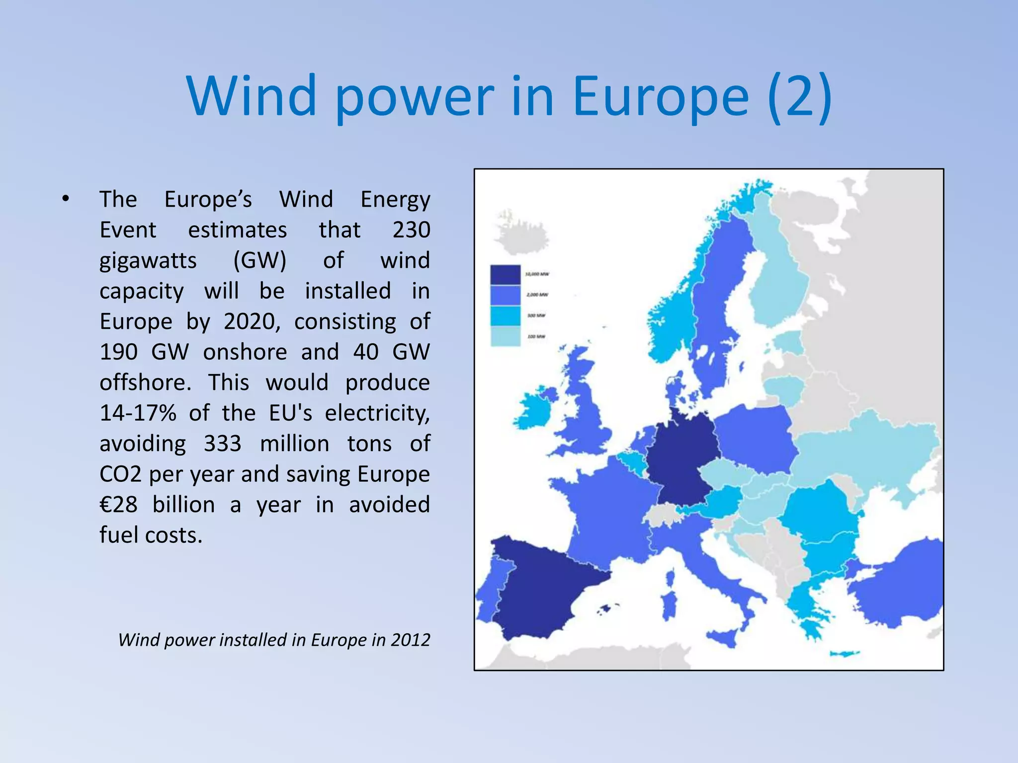 Wind power in Europe (2)
•

The Europe’s Wind Energy
Event estimates that 230
gigawatts (GW) of wind
capacity will be installed in
Europe by 2020, consisting of
190 GW onshore and 40 GW
offshore. This would produce
14-17% of the EU's electricity,
avoiding 333 million tons of
CO2 per year and saving Europe
€28 billion a year in avoided
fuel costs.

Wind power installed in Europe in 2012

 