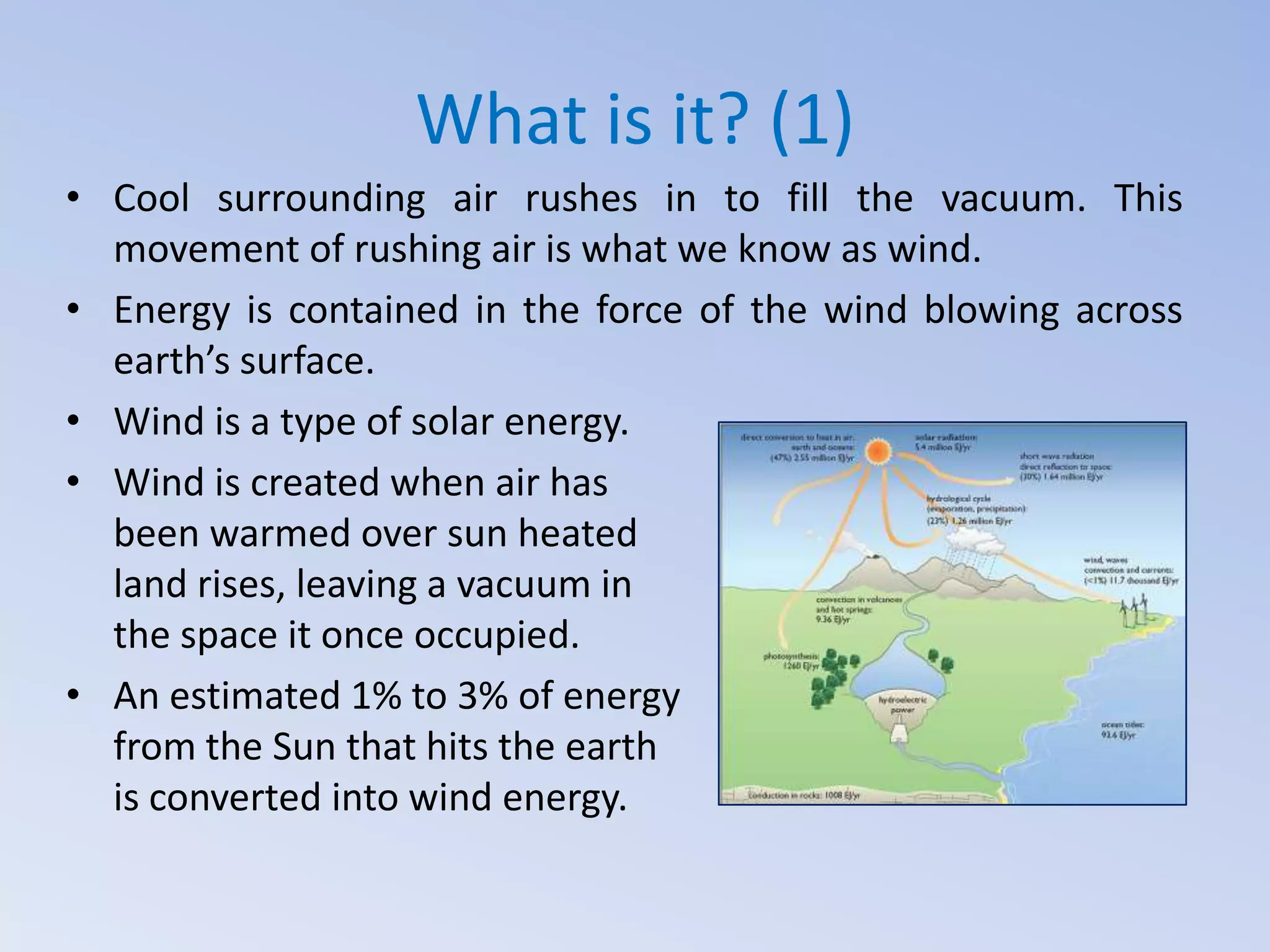 What is it? (1)
• Cool surrounding air rushes in to fill the vacuum. This
movement of rushing air is what we know as wind.
• Energy is contained in the force of the wind blowing across
earth’s surface.
• Wind is a type of solar energy.
• Wind is created when air has
been warmed over sun heated
land rises, leaving a vacuum in
the space it once occupied.
• An estimated 1% to 3% of energy
from the Sun that hits the earth
is converted into wind energy.

 