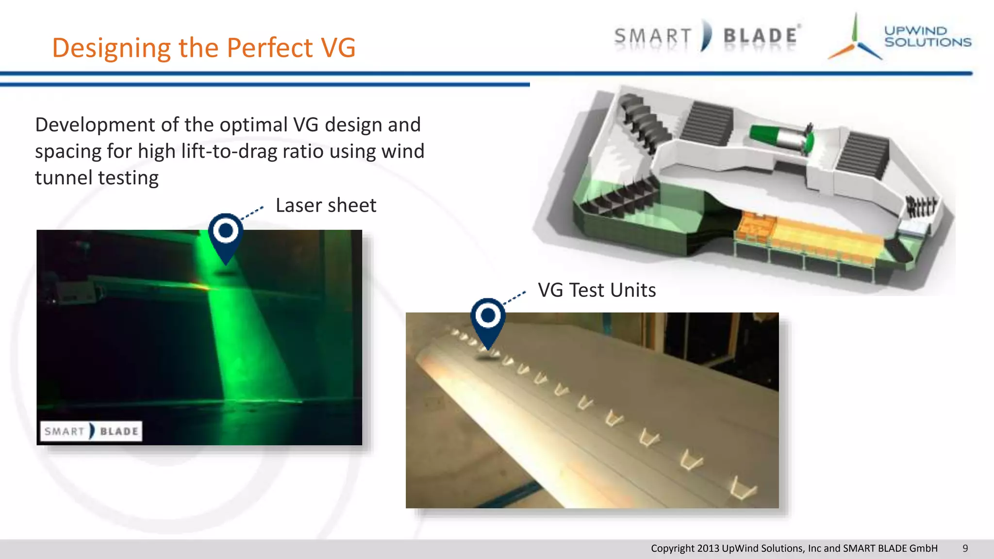 Copyright 2013 UpWind Solutions, Inc and SMART BLADE GmbH 9
Designing the Perfect VG
Development of the optimal VG design and
spacing for high lift-to-drag ratio using wind
tunnel testing
Laser sheet
VG Test Units
 