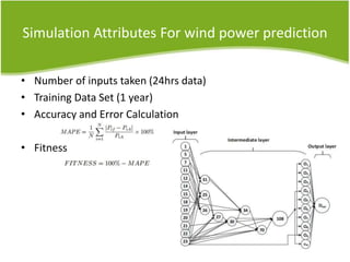 Simulation Attributes For wind power prediction
• Number of inputs taken (24hrs data)
• Training Data Set (1 year)
• Accuracy and Error Calculation
• Fitness
 