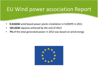EU Wind power association Report
• 9.616GW wind based power plants installation in EUROPE in 2011
• 105.6GW capacity achieved by the end of 2012
• 7% of the total generated power in 2012 was based on wind energy
 