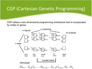 CGP (Cartesian Genetic Programming)
CGP utilizes a two dimensional programming architecture that is incorporated
by nodes or genes
 
