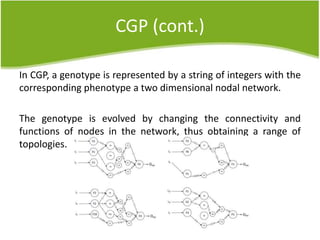 CGP (cont.)
In CGP, a genotype is represented by a string of integers with the
corresponding phenotype a two dimensional nodal network.
The genotype is evolved by changing the connectivity and
functions of nodes in the network, thus obtaining a range of
topologies.
 