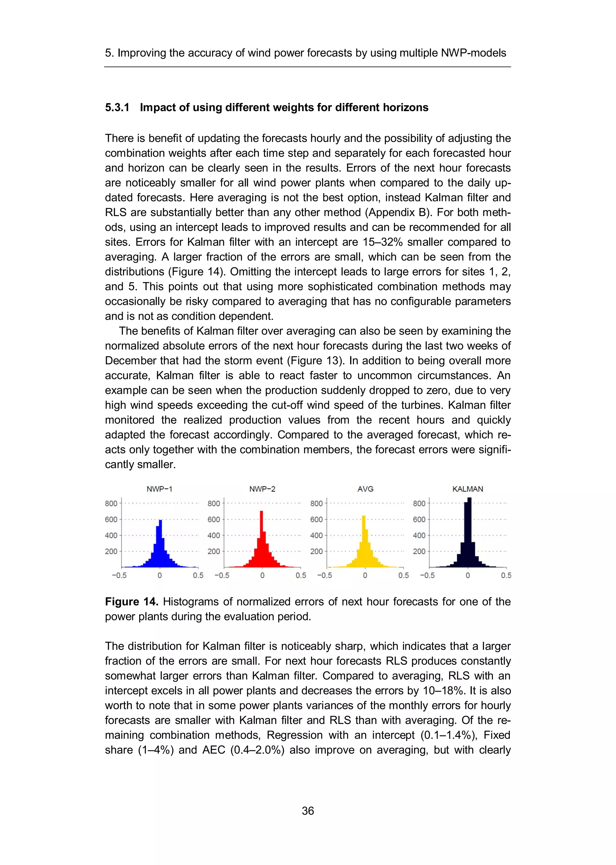5. Improving the accuracy of wind power forecasts by using multiple NWP-models
36
5.3.1 Impact of using different weights for different horizons
There is benefit of updating the forecasts hourly and the possibility of adjusting the
combination weights after each time step and separately for each forecasted hour
and horizon can be clearly seen in the results. Errors of the next hour forecasts
are noticeably smaller for all wind power plants when compared to the daily up-
dated forecasts. Here averaging is not the best option, instead Kalman filter and
RLS are substantially better than any other method (Appendix B). For both meth-
ods, using an intercept leads to improved results and can be recommended for all
sites. Errors for Kalman filter with an intercept are 15–32% smaller compared to
averaging. A larger fraction of the errors are small, which can be seen from the
distributions (Figure 14). Omitting the intercept leads to large errors for sites 1, 2,
and 5. This points out that using more sophisticated combination methods may
occasionally be risky compared to averaging that has no configurable parameters
and is not as condition dependent.
The benefits of Kalman filter over averaging can also be seen by examining the
normalized absolute errors of the next hour forecasts during the last two weeks of
December that had the storm event (Figure 13). In addition to being overall more
accurate, Kalman filter is able to react faster to uncommon circumstances. An
example can be seen when the production suddenly dropped to zero, due to very
high wind speeds exceeding the cut-off wind speed of the turbines. Kalman filter
monitored the realized production values from the recent hours and quickly
adapted the forecast accordingly. Compared to the averaged forecast, which re-
acts only together with the combination members, the forecast errors were signifi-
cantly smaller.
Figure 14. Histograms of normalized errors of next hour forecasts for one of the
power plants during the evaluation period.
The distribution for Kalman filter is noticeably sharp, which indicates that a larger
fraction of the errors are small. For next hour forecasts RLS produces constantly
somewhat larger errors than Kalman filter. Compared to averaging, RLS with an
intercept excels in all power plants and decreases the errors by 10–18%. It is also
worth to note that in some power plants variances of the monthly errors for hourly
forecasts are smaller with Kalman filter and RLS than with averaging. Of the re-
maining combination methods, Regression with an intercept (0.1–1.4%), Fixed
share (1–4%) and AEC (0.4–2.0%) also improve on averaging, but with clearly
 