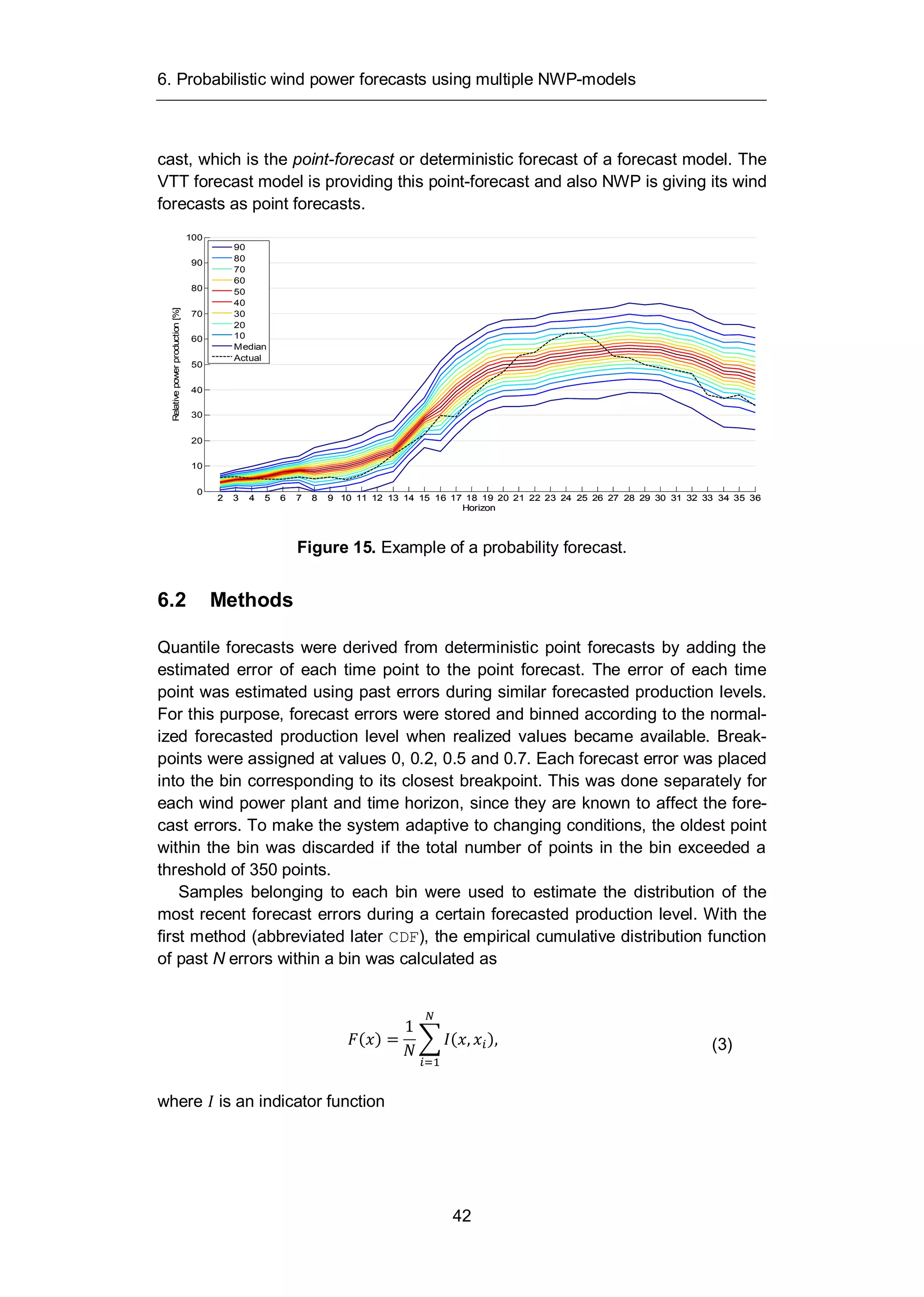6. Probabilistic wind power forecasts using multiple NWP-models
42
cast, which is the point-forecast or deterministic forecast of a forecast model. The
VTT forecast model is providing this point-forecast and also NWP is giving its wind
forecasts as point forecasts.
Figure 15. Example of a probability forecast.
6.2 Methods
Quantile forecasts were derived from deterministic point forecasts by adding the
estimated error of each time point to the point forecast. The error of each time
point was estimated using past errors during similar forecasted production levels.
For this purpose, forecast errors were stored and binned according to the normal-
ized forecasted production level when realized values became available. Break-
points were assigned at values 0, 0.2, 0.5 and 0.7. Each forecast error was placed
into the bin corresponding to its closest breakpoint. This was done separately for
each wind power plant and time horizon, since they are known to affect the fore-
cast errors. To make the system adaptive to changing conditions, the oldest point
within the bin was discarded if the total number of points in the bin exceeded a
threshold of 350 points.
Samples belonging to each bin were used to estimate the distribution of the
most recent forecast errors during a certain forecasted production level. With the
first method (abbreviated later CDF), the empirical cumulative distribution function
of past N errors within a bin was calculated as
( ) =
1
( , ), (3)
where is an indicator function
2 3 4 5 6 7 8 9 10 11 12 13 14 15 16 17 18 19 20 21 22 23 24 25 26 27 28 29 30 31 32 33 34 35 36
0
10
20
30
40
50
60
70
80
90
100
Horizon
Relativepowerproduction[%]
2 3 4 5 6 7 8 9 10 11 12 13 14 15 16 17 18 19 20 21 22 23 24 25 26 27 28 29 30 31 32 33 34 35 36
0
10
20
30
40
50
60
70
80
90
100
Horizon
Relativepowerproduction[%]
90
80
70
60
50
40
30
20
10
Median
Actual
 