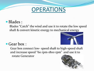 OPERATIONS
 Blades :
Blades “Catch” the wind and use it to rotate the low speed
shaft & convert kinetic energy to mechanical energy
 Gear box :
Gear box connect low- speed shaft to high-speed shaft
and increase speed “60 rpm-1800 rpm” and use it to
rotate Generator
 