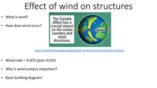 Effect of wind on structures
• What is wind?
• How does wind occur?
• Wind code – IS 875 (part-3) 015
• Why is wind analysis important?
• Basic building diagram!
https://www.khanacademy.org/partner-content/nova/clouds/v/hurricanes
 