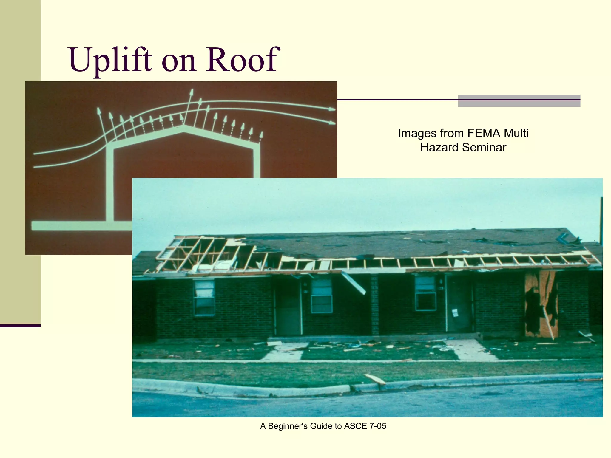 Uplift on Roof
A Beginner's Guide to ASCE 7-05
Images from FEMA Multi
Hazard Seminar
 
