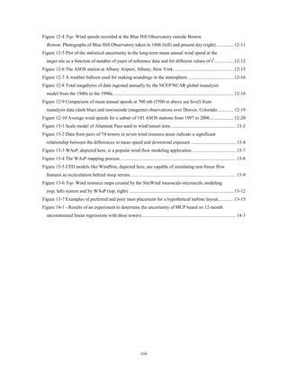 Figure 12-4 Top: Wind speeds recorded at the Blue Hill Observatory outside Boston.
  Bottom: Photographs of Blue Hill Observatory taken in 1886 (left) and present day (right) ............... 12-11
Figure 12-5 Plot of the statistical uncertainty in the long-term mean annual wind speed at the
  target site as a function of number of years of reference data and for different values of r2 ................ 12-12
Figure 12-6 The ASOS station at Albany Airport, Albany, New York. .................................................. 12-15
Figure 12-7 A weather balloon used for making soundings in the atmosphere ....................................... 12-16
Figure 12-8 Total megabytes of data ingested annually by the NCEP/NCAR global reanalysis
  model from the 1940s to the 1990s.. .................................................................................................... 12-18
Figure 12-9 Comparison of mean annual speeds at 700 mb (3500 m above sea level) from
  reanalysis data (dark blue) and rawinsonde (magenta) observations over Denver, Colorado.............. 12-19
Figure 12-10 Average wind speeds for a subset of 185 ASOS stations from 1997 to 2006 .................... 12-20
Figure 13-1 Scale model of Altamont Pass used in wind tunnel tests. ...................................................... 13-2
Figure 13-2 Data from pairs of 74 towers in seven wind resource areas indicate a significant
  relationship between the differences in mean speed and downwind exposure ...................................... 13-4
Figure 13-3 WAsP, depicted here, is a popular wind flow modeling application ..................................... 13-7
Figure 13-4 The WAsP mapping process .................................................................................................. 13-8
Figure 13-5 CFD models like WindSim, depicted here, are capable of simulating non-linear flow
  features as recirculation behind steep terrain ......................................................................................... 13-9
Figure 13-6 Top: Wind resource maps created by the SiteWind mesoscale-microscale modeling
  (top, left) system and by WAsP (top, right). ........................................................................................ 13-12
Figure 13-7 Examples of preferred and poor mast placement for a hypothetical turbine layout ............. 13-15
Figure 14-1 - Results of an experiment to determine the uncertainty of MCP based on 12-month
  unconstrained linear regressions with three towers................................................................................ 14-3




                                                                     viii
 