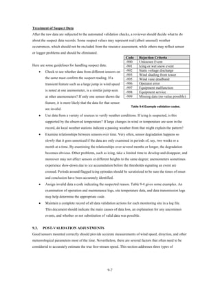 Treatment of Suspect Data
After the raw data are subjected to the automated validation checks, a reviewer should decide what to do
about the suspect data records. Some suspect values may represent real (albeit unusual) weather
occurrences, which should not be excluded from the resource assessment, while others may reflect sensor
or logger problems and should be eliminated.
                                                                       Code    Rejection Criteria
                                                                       -990    Unknown Event
Here are some guidelines for handling suspect data:                    -991    Icing or wet snow event
       •    Check to see whether data from different sensors on        -992    Static voltage discharge
                                                                       -993    Wind shading from tower
            the same mast confirm the suspect reading. If a            -995    Wind vane deadband
            transient feature such as a large jump in wind speed       -996    Operator error
                                                                       -997    Equipment malfunction
            is noted at one anemometer, is a similar jump seen         -998    Equipment service
            at other anemometers? If only one sensor shows the         -999    Missing data (no value possible)
            feature, it is more likely that the data for that sensor
                                                                          Table 9-4 Example validation codes.
            are invalid.
       •    Use data from a variety of sources to verify weather conditions. If icing is suspected, is this
            supported by the observed temperature? If large changes in wind or temperature are seen in the
            record, do local weather stations indicate a passing weather front that might explain the pattern?
       •    Examine relationships between sensors over time. Very often, sensor degradation happens so
            slowly that it goes unnoticed if the data are only examined in periods of, say, two weeks or a
            month at a time. By examining the relationships over several months or longer, the degradation
            becomes obvious. Other problems, such as icing, take a limited time to develop and disappear, and
            moreover may not affect sensors at different heights to the same degree; anemometers sometimes
            experience slow-down due to ice accumulation before the thresholds signaling an event are
            crossed. Periods around flagged icing episodes should be scrutinized to be sure the times of onset
            and conclusion have been accurately identified.
       •    Assign invalid data a code indicating the suspected reason. Table 9-4 gives some examples. An
            examination of operation and maintenance logs, site temperature data, and data transmission logs
            may help determine the appropriate code.
       •    Maintain a complete record of all data validation actions for each monitoring site in a log file.
            This document should indicate the main causes of data loss, an explanation for any uncommon
            events, and whether or not substitution of valid data was possible.


9.3.       POST-VALIDATION ADJUSTMENTS
Good sensors mounted correctly should provide accurate measurements of wind speed, direction, and other
meteorological parameters most of the time. Nevertheless, there are several factors that often need to be
considered to accurately estimate the true free-stream speed. This section addresses three types of




                                                          9-7
 