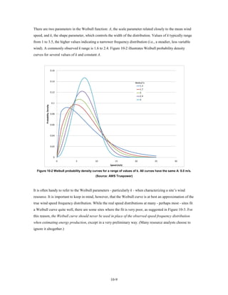 There are two parameters in the Weibull function: A, the scale parameter related closely to the mean wind
speed, and k, the shape parameter, which controls the width of the distribution. Values of k typically range
from 1 to 3.5, the higher values indicating a narrower frequency distribution (i.e., a steadier, less variable
wind). A commonly observed k range is 1.6 to 2.4. Figure 10-2 illustrates Weibull probability density
curves for several values of k and constant A.



                               0.16



                               0.14
                                                                        Weibull k
                                                                            1.3
                                                                            1.7
                               0.12                                         2
                                                                            2.4
                                                                            3
                                0.1
         Probability Density




                               0.08



                               0.06



                               0.04



                               0.02



                                 0
                                      0   5   10           15           20            25             30
                                                       Speed (m/s)

  Figure 10-2 Weibull probability density curves for a range of values of k. All curves have the same A: 8.0 m/s.
                                              (Source: AWS Truepower)



It is often handy to refer to the Weibull parameters - particularly k - when characterizing a site’s wind
resource. It is important to keep in mind, however, that the Weibull curve is at best an approximation of the
true wind speed frequency distribution. While the real speed distributions at many - perhaps most - sites fit
a Weibull curve quite well, there are some sites where the fit is very poor, as suggested in Figure 10-3. For
this reason, the Weibull curve should never be used in place of the observed speed frequency distribution
when estimating energy production, except in a very preliminary way. (Many resource analysts choose to
ignore it altogether.)




                                                       10-9
 