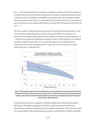 Here, σA is the standard deviation of the annual mean wind speed as a percent of the mean; for simplicity, it
is assumed to be the same for the reference and target sites. An analysis of ASOS data indicates this value
is typically around 3-5%; although some wind farms may experience more or less interannual variability
than observed at these airport stations. NR is the number of years of reference data, and NT is the number of
years of concurrent reference and target data. (Because of seasonal effects, this equation should not be used
if NT < 1.)


The chart in Figure 12-3 plots this equation as a function of r2 for the observed range of values of σA. One
year of concurrent reference-target data is assumed. Looking at the middle curve, when there is no
correlation, the error margin simply equals the annual variability, in this case 4%. For mid-range values of
r2, the MCP process reduces the uncertainty by one-fourth, to about 3%. If the correlation is very high, the
uncertainty is reduced by nearly 70%, to 1.3%. As this chart suggests, there is usually no point in
employing a reference station with less than a 50% r2 value; many resource analysts do not consider
stations with values of r2 below 60-70%.




 Figure 12-3 Uncertainty margin in the estimated long-term mean wind speed at a site, assuming one year of on-
 site data and 10 years of reference data, as a function of the r2 coefficient between them and of the interannual
  variation in the wind at the site (the standard deviation of annual mean wind speeds divided by the long-term
                                        mean). (Source: AWS Truepower)



An important question is what averaging interval should be applied to the wind speeds when using the
MCP process. The optimal averaging interval for MCP is related to the time scale at which wind
fluctuations may be experienced simultaneously by the reference and target sites. If the interval is too short,
then a large proportion of the speed fluctuations may contain no useful information about the relationship



                                                       12-8
 