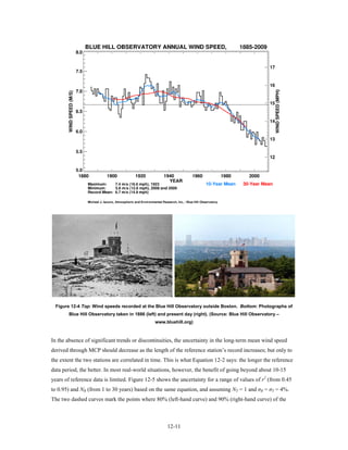 Figure 12-4 Top: Wind speeds recorded at the Blue Hill Observatory outside Boston. Bottom: Photographs of
        Blue Hill Observatory taken in 1886 (left) and present day (right). (Source: Blue Hill Observatory –
                                                www.bluehill.org)



In the absence of significant trends or discontinuities, the uncertainty in the long-term mean wind speed
derived through MCP should decrease as the length of the reference station’s record increases; but only to
the extent the two stations are correlated in time. This is what Equation 12-2 says: the longer the reference
data period, the better. In most real-world situations, however, the benefit of going beyond about 10-15
years of reference data is limited. Figure 12-5 shows the uncertainty for a range of values of r2 (from 0.45
to 0.95) and NR (from 1 to 30 years) based on the same equation, and assuming NT = 1 and σR = σT = 4%.
The two dashed curves mark the points where 80% (left-hand curve) and 90% (right-hand curve) of the



                                                      12-11
 