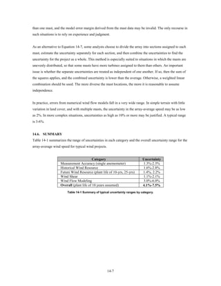 than one mast, and the model error margin derived from the mast data may be invalid. The only recourse in
such situations is to rely on experience and judgment.


As an alternative to Equation 14-7, some analysts choose to divide the array into sections assigned to each
mast, estimate the uncertainty separately for each section, and then combine the uncertainties to find the
uncertainty for the project as a whole. This method is especially suited to situations in which the masts are
unevenly distributed, so that some masts have more turbines assigned to them than others. An important
issue is whether the separate uncertainties are treated as independent of one another. If so, then the sum of
the squares applies, and the combined uncertainty is lower than the average. Otherwise, a weighted linear
combination should be used. The more diverse the mast locations, the more it is reasonable to assume
independence.


In practice, errors from numerical wind flow models fall in a very wide range. In simple terrain with little
variation in land cover, and with multiple masts, the uncertainty in the array-average speed may be as low
as 2%. In more complex situations, uncertainties as high as 10% or more may be justified. A typical range
is 3-6%.


14.6. SUMMARY
Table 14-1 summarizes the range of uncertainties in each category and the overall uncertainty range for the
array-average wind speed for typical wind projects.


                                          Category                            Uncertainty
                   Measurement Accuracy (single anemometer)                   1.3%-2.5%
                   Historical Wind Resource                                   1.6%-2.8%
                   Future Wind Resource (plant life of 10-yrs, 25-yrs)        1.4%, 2.2%
                   Wind Shear                                                 1.1%-2.1%
                   Wind Flow Modeling                                         3.0%-6.0%
                   Overall (plant life of 10 years assumed)                   4.1%-7.5%
                        Table 14-1 Summary of typical uncertainty ranges by category.




                                                      14-7
 