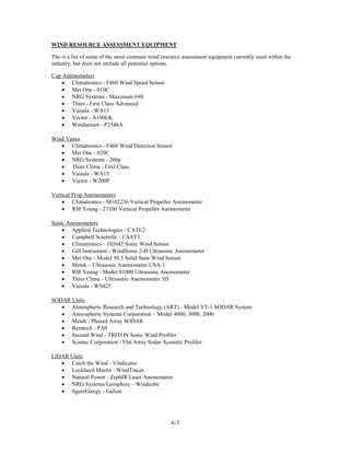 WIND RESOURCE ASSESSMENT EQUIPMENT

The is a list of some of the most common wind resource assessment equipment currently used within the
industry, but does not include all potential options.

Cup Anemometers
    • Climatronics - F460 Wind Speed Sensor
    • Met One - 010C
    • NRG Systems - Maximum #40
    • Thies - First Class Advanced
    • Vaisala - WA15
    • Vector - A100LK
    • Windsensor - P2546A

Wind Vanes
   • Climatronics - F460 Wind Direction Sensor
   • Met One - 020C
   • NRG Systems - 200p
   • Thies Clima - First Class
   • Vaisala - WA15
   • Vector - W200P

Vertical Prop Anemometers
    • Climatronics - M102236 Vertical Propeller Anemometer
    • RM Young - 27106 Vertical Propeller Anemometer

Sonic Anemometers
    • Applied Technologies - CATI/2
    • Campbell Scientific - CSAT3
    • Climatronics - 102642 Sonic Wind Sensor
    • Gill Instrument - WindSonic 2-D Ultrasonic Anemometer
    • Met One - Model 50.5 Solid State Wind Sensor
    • Metek – Ultrasonic Anemometer USA-1
    • RM Young - Model 81000 Ultrasonic Anemometer
    • Thies Clima - Ultrasonic Anemometer 3D
    • Vaisala - WS425

SODAR Units
   • Atmospheric Research and Technology (ART) - Model VT-1 SODAR System
   • Atmospheric Systems Corporation - Model 4000, 3000, 2000
   • Metek - Phased Array SODAR
   • Remtech - PA0
   • Second Wind - TRITON Sonic Wind Profiler
   • Scintec Corporation - Flat Array Sodar Acoustic Profiler

LIDAR Units
   • Catch the Wind - Vindicator
   • Lockheed Martin - WindTracer
   • Natural Power - ZephIR Laser Anemometer
   • NRG Systems/Leosphere – Windcube
   • SgurrEnergy - Galion




                                                  A-3
 
