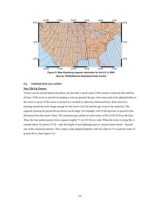Figure 5-1 Map illustrating magnetic declination for the U.S. in 2004.
                                  (Source: NOAA/National Geophysical Data Center)


5.6.   TOWER INSTALLATION
New Tilt-Up Towers
Towers can be erected almost anywhere, but the task is much easier if the terrain is relatively flat and free
of trees. If the tower is erected on sloping or uneven ground, the guy wires may need to be adjusted often as
the tower is raised. If the tower is erected in a wooded or otherwise obstructed area, there must be a
clearing around the tower large enough for the tower to lie flat and the guy wires to be anchored. The
required clearing for guyed tilt-up towers can be large. For example, a 60 m tilt-up tower is guyed in four
directions from the tower’s base. The outermost guy anchor at each corner is 50 m (164 ft) from the base.
Thus, the four anchor points form a square roughly 71 m (233 ft) on a side. When the tower is lying flat, it
extends about 10 meters (33 ft) – plus the length of any lightning mast or vertical sensor boom – beyond
one of the outermost anchors. This creates a kite-shaped footprint, with two sides of 71 m and two sides of
at least 80 m. (See Figure 5-2)




                                                      5-6
 