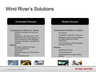 Wind River’s Solutions

                       Embedded Devices                                 Mobile Devices


           Comprehensive Platform & Toolkits                  Comprehensive Platform & Toolkits
                     OS/RTOS: VxWorks, WR Linux and                OS: Android
                     Android
                                                                   Virtualization: Wind River Hypervisor
                     Virtualization: WR Hypervisor / KVM
                     Middleware: Networking, Graphics, etc.        Middleware: Deep vertical middleware
                     Tools: Workbench, JTAG Debugging,             for mobile phones and vehicle
                     Test Mgmt, Simulation, Compilers and          infotainment
                     Analyzers                                     Tools: Workbench, JTAG Debugging,
           Markets                                                 Simulation and FAST
                     Aerospace, Defense and Space             Markets
                     Consumer Electronics
                     Government                                    Mobile/Smart Phones
                     Industrial, Energy, and Transportation        Vehicle Infotainment
                     Medical                                       Cable/Satellite Set-top Box / Media
                     Networking Equipment                          Servers




4   | © 2012 Wind River. All Rights Reserved.
 