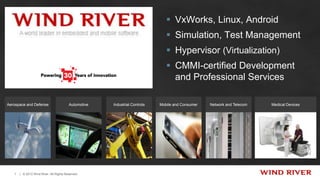  VxWorks, Linux, Android
                                                                                Simulation, Test Management
                                                                                Hypervisor (Virtualization)
                                                                                CMMI-certified Development
                                                                                 and Professional Services

Aerospace and Defense                    Automotive   Industrial Controls   Mobile and Consumer   Network and Telecom   Medical Devices




   1   | © 2012 Wind River. All Rights Reserved.
 