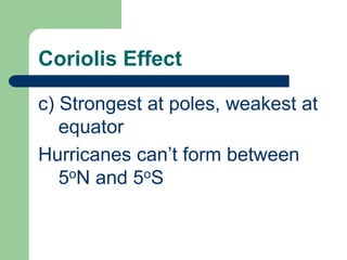 Coriolis EffectNorthern Hemisphere – deflected to right of its path of motionSouthern Hemisphere – deflected to left of its path of motion