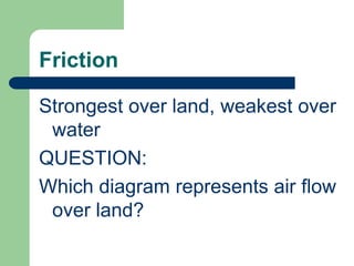 Coriolis Effecta) Affects only wind direction, not wind speedb) Is affected by wind speedFaster winds = _______ deflectionSlower winds = ______ deflection