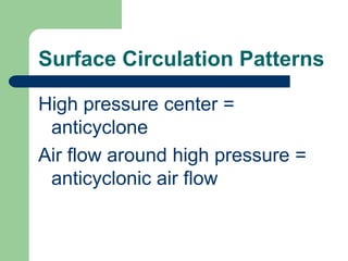 Factors affecting wind speed & direction3) FrictionImportant only w/in a few km of Earth's surface- slows wind speed & reduces Coriolis Effect