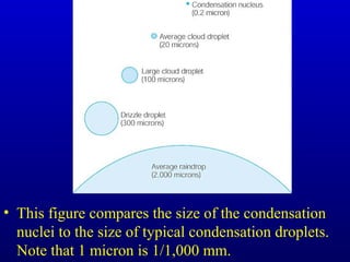 • This figure compares the size of the condensation
nuclei to the size of typical condensation droplets.
Note that 1 micron is 1/1,000 mm.
 