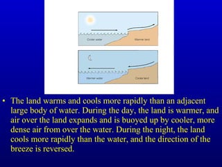 • The land warms and cools more rapidly than an adjacent
large body of water. During the day, the land is warmer, and
air over the land expands and is buoyed up by cooler, more
dense air from over the water. During the night, the land
cools more rapidly than the water, and the direction of the
breeze is reversed.
 