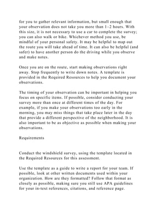 Windshield SurveyConduct a windshield survey to identify a p | DOCX