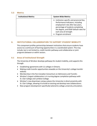 5.3 Metrics
Institutional Metrics System-Wide Metrics
• Institution-specific and provincial Key
Performance Indicators, including
employment rate after two years,
percentage of students completing
the degree, and OSAP default rates for
each area of strength
• Program enrolment
6. INSTITUTIONAL COLLABORATION TO SUPPORT STUDENT MOBILITY
This component profiles partnerships between institutions that ensure students have
access to a continuum of learning opportunities in a coordinated system. This may
include, but is not limited to, credit transfer pathways and collaborative or joint
programs between or within sectors.
6.1 Areas of Institutional Strength
The University of Windsor develops pathways for student mobility, and supports this
through:
• Establishing agreements with 11 colleges in Ontario.
• Making credit transfer opportunities viewable on the University’s college transfer
website.
• Membership in the Pan-Canadian Consortium on Admissions and Transfer.
• Windsor’s largest collaboration is in nursing degree completion pathways with
St. Clair College and Lambton College.
• Windsor’s new downtown campus places the University in direct proximity with
St. Clair College, allowing it to build on existing and develop new collaborations.
• New program development specifically tailored to college-university articulation.
10
 