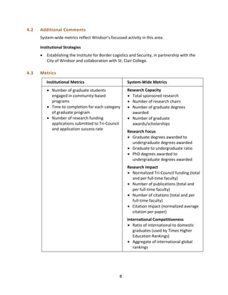4.2 Additional Comments
System-wide metrics reflect Windsor’s focussed activity in this area.
Institutional Strategies
• Establishing the Institute for Border Logistics and Security, in partnership with the
City of Windsor and collaboration with St. Clair College.
4.3 Metrics
Institutional Metrics
• Number of graduate students
engaged in community-based
programs
• Time to completion for each category
of graduate program
• Number of research funding
applications submitted to Tri-Council
and application success rate
System-Wide Metrics
Research Capacity
• Total sponsored research
• Number of research chairs
• Number of graduate degrees
awarded
• Number of graduate
awards/scholarships
Research Focus
• Graduate degrees awarded to
undergraduate degrees awarded
• Graduate to undergraduate ratio
• PhD degrees awarded to
undergraduate degrees awarded
Research Impact
• Normalized Tri-Council funding (total
and per full-time faculty)
• Number of publications (total and
per full-time faculty)
• Number of citations (total and per
full-time faculty)
• Citation impact (normalized average
citation per paper)
International Competitiveness
• Ratio of international to domestic
graduates (used by Times Higher
Education Rankings)
• Aggregate of international global
rankings
8
 